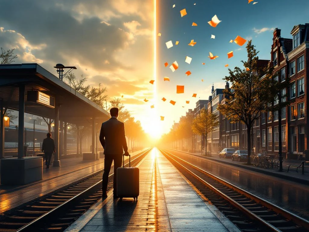 Profesionist român cu valiză la gară în ceață, tranziție spre clădiri moderne olandeze, pod luminos conectând cele două scene