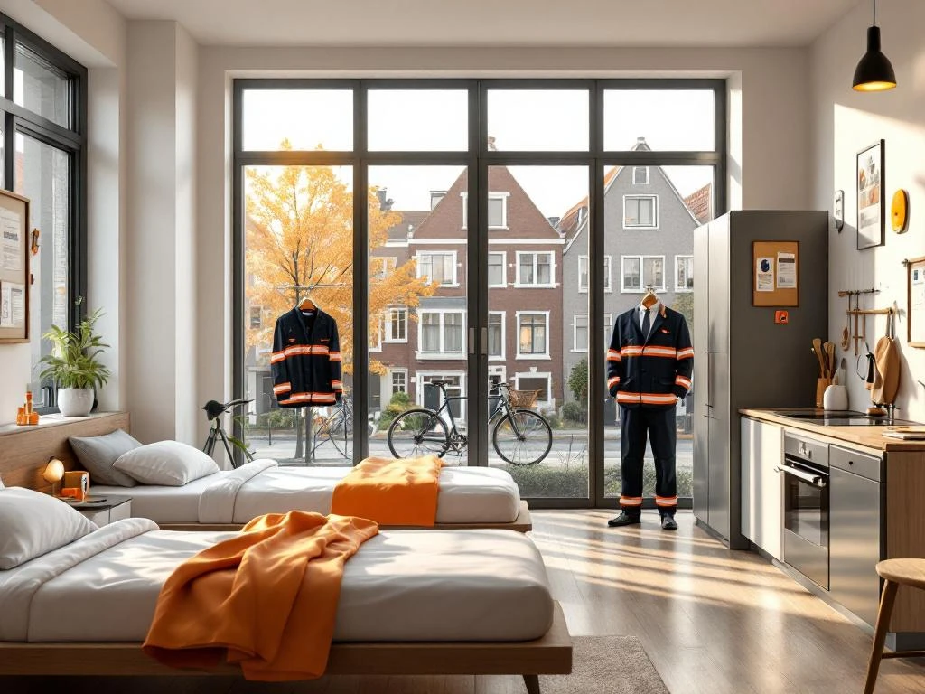 Cameră modernă pentru muncitori în Olanda cu paturi, dulapuri și bucătărie comună, case olandeze vizibile prin ferestre