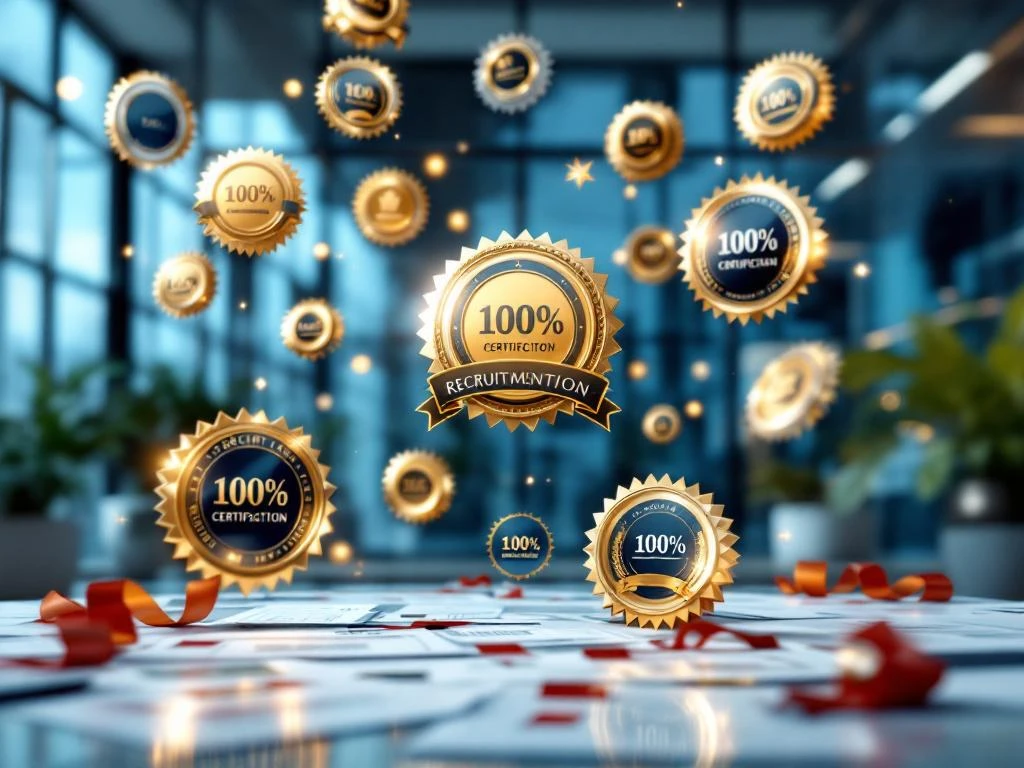 Clădire modernă de birouri înconjurată de certificate oficiale aurii și argintii, cu documente ștampilate în prim-plan