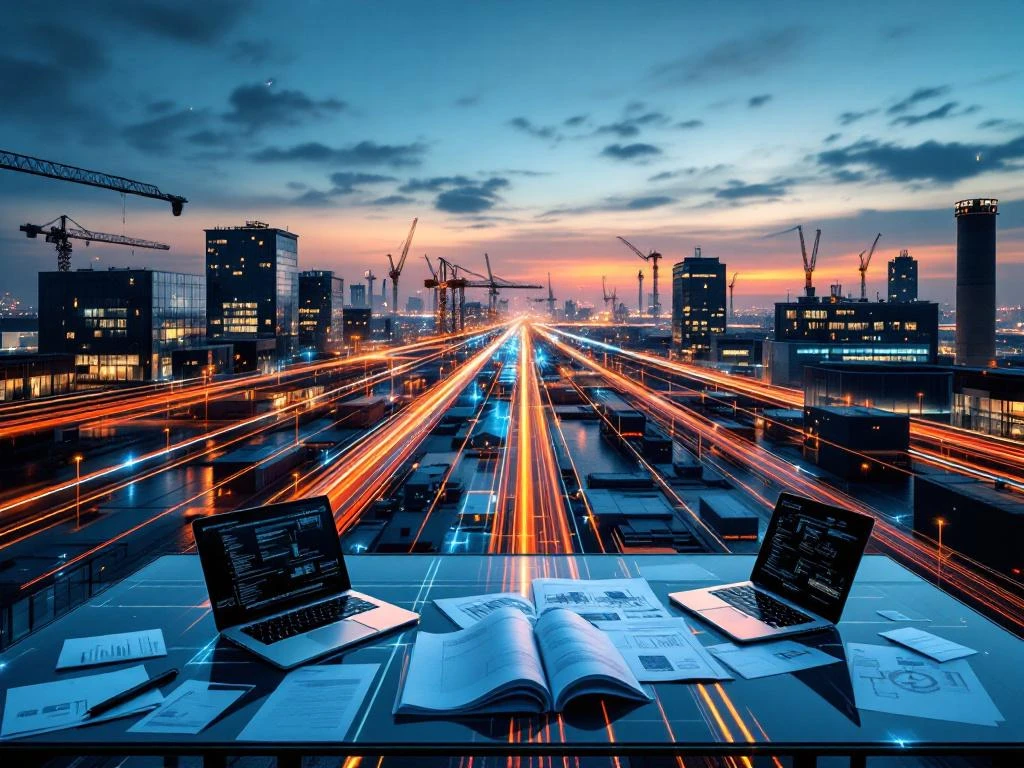 Clădiri moderne de birouri olandeze conectate prin căi iluminate, cu documente tehnice și laptop-uri pe masă în prim-plan