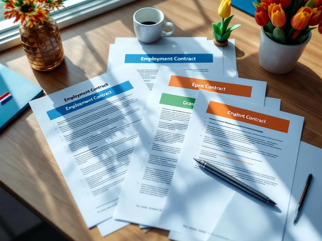 Contracte de muncă olandeze cu anteturi colorate pe birou modern, stilou argintiu, steag olandez și decor tulipă din lemn