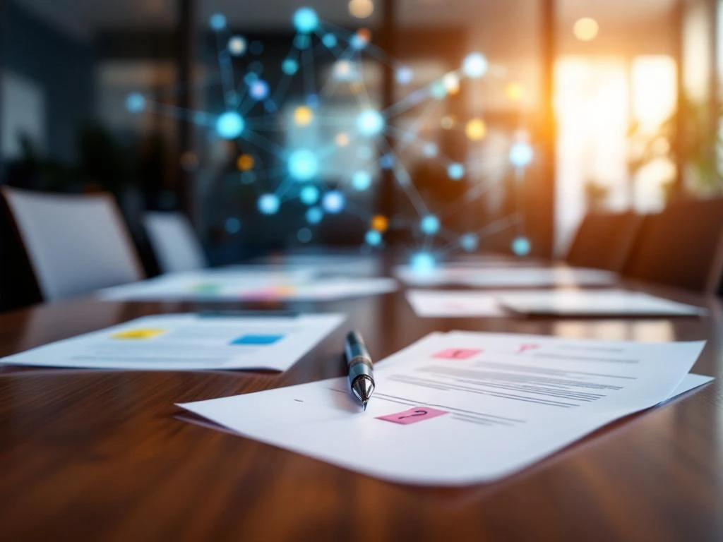 Contracte de muncă pe masă de conferință cu rețea de recrutare România-Olanda vizibilă pe fundal