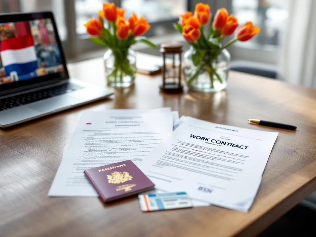 Documente de muncă olandeze pe birou: pașaport UE, card BSN, diplome traduse, contract și card de sănătate, cu lalele portocalii
