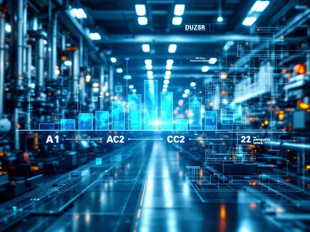 Instalație industrială olandeză modernă cu niveluri de competență lingvistică A1-C2 holografice și diagrame tehnice în engleză