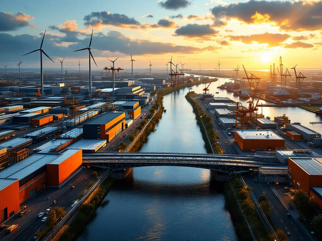 Vedere aeriană a facilităților industriale olandeze moderne cu depozite, poduri metalice și turbine eoliene la apus