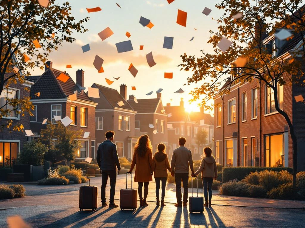 Familie privind case olandeze moderne, documente transformându-se în pod luminos conectând arhitectura est-europeană