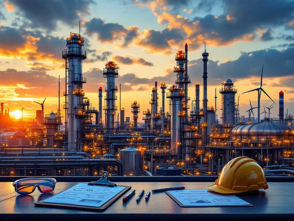 Uzină chimică olandeză modernă cu reactoare de oțel, steaguri România și Olanda, echipament de siguranță și formule chimice