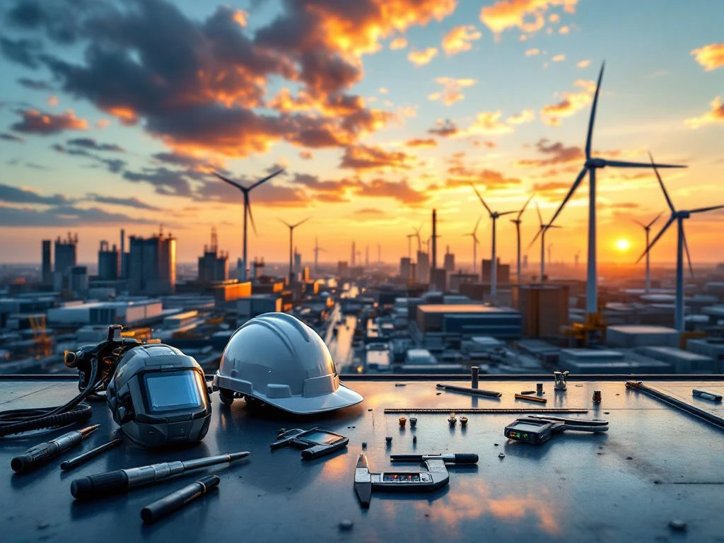 Zona industrială olandeză modernă la apus, cu fabrici, macarale, turbine eoliene și unelte de precizie în prim-plan