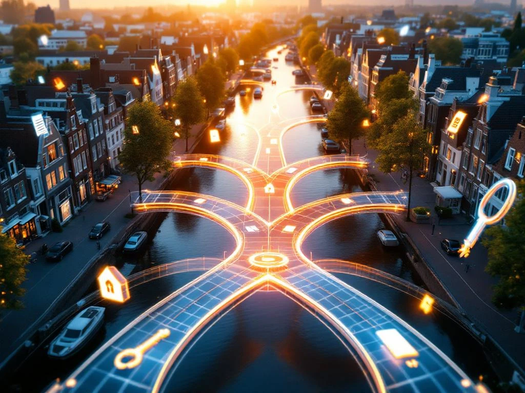 Vedere aeriană a arhitecturii olandeze moderne cu căi transparente convergând spre un centru luminos, simbolizând integrarea serviciilor