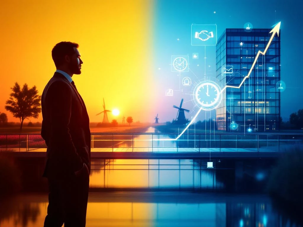 Profesionist între România și Olanda, pod de sticlă conectând birouri moderne, simboluri interviu flotante, lumină caldă