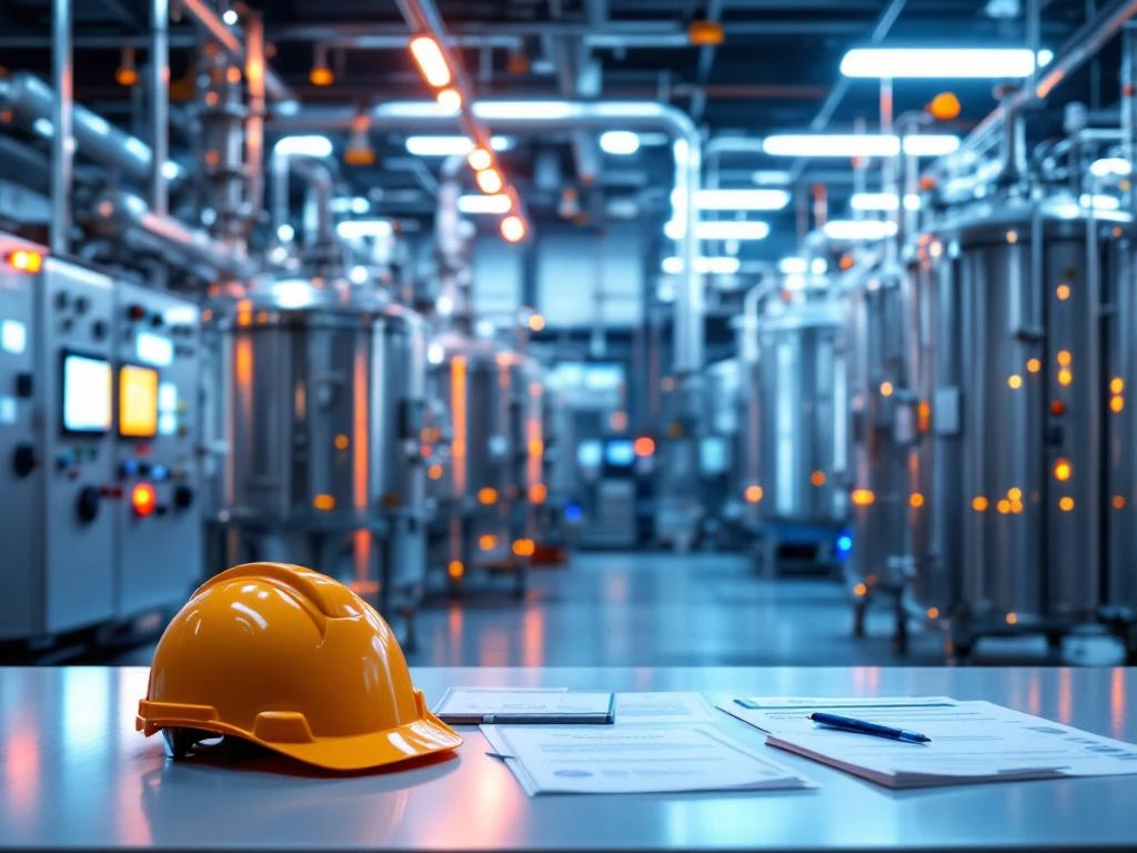 Laborator chimic industrial modern cu reactoare din oțel inoxidabil, echipament de protecție și panouri de control avansate