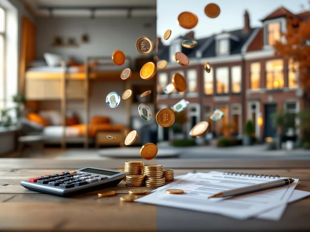 Locuințe muncitorești olandeze cu interior modest și case tip row house, euro, calculator și documente chirii pe masă