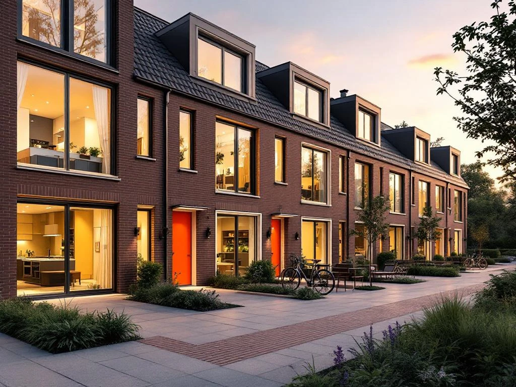 Complex rezidențial olandez modern cu case din cărămidă, curte comună mobilată și suporturi pentru biciclete la apus