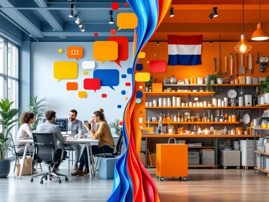 Medii de lucru contrastante în Olanda: birou tech internațional vs magazin tradițional olandez cu simboluri lingvistice