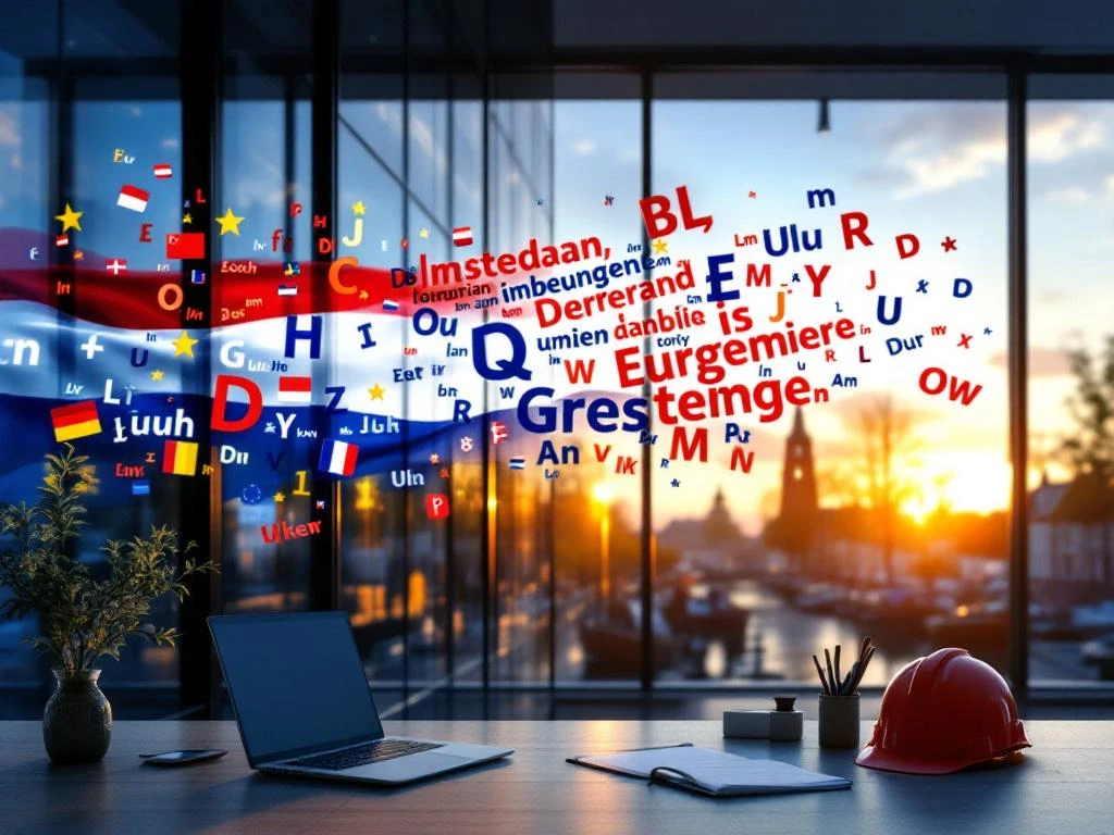 Clădire modernă din Amsterdam reflectând simboluri lingvistice, cu steaguri europene și unelte profesionale pe birou
