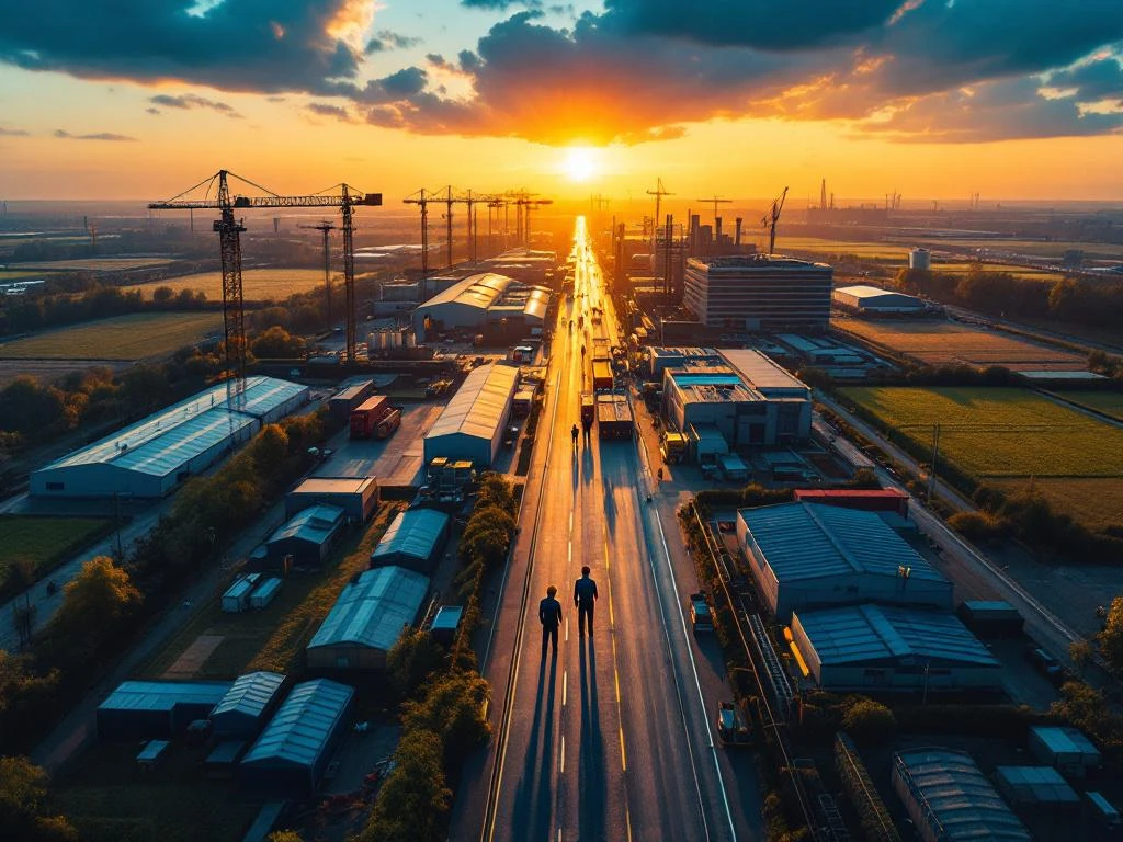 Steag românesc în prim-plan cu facilități industriale olandeze moderne, sere și muncitori în echipament de protecție la apus