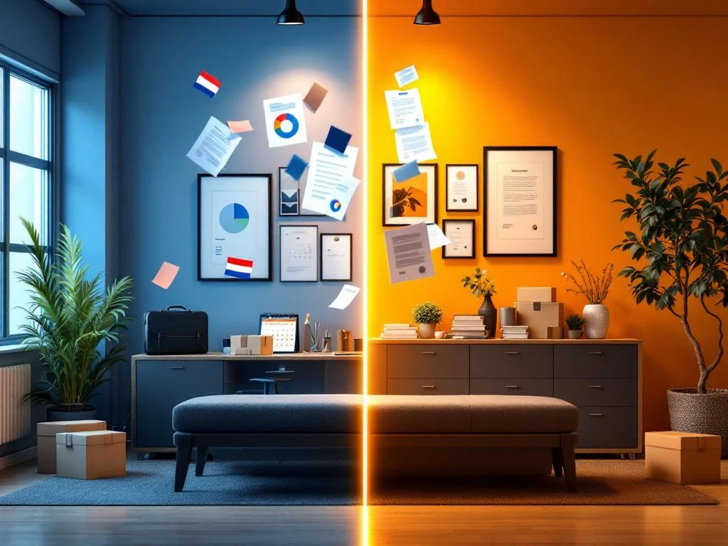 Două birouri olandeze: temporar cu cutii și calendar vs permanent cu certificate și plantă, separate de contracte plutitoare