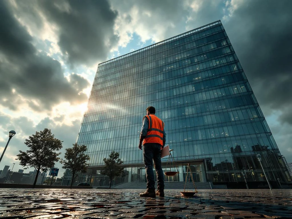 Muncitor în vestă portocalie ține documente în fața clădirii de birouri din Olanda, balanță justiției pe piatră cubică umedă