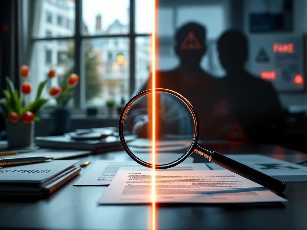 Comparație între oferte de muncă autentice olandeze cu documente oficiale și semnale de fraudă cu documente false și simboluri de alertă