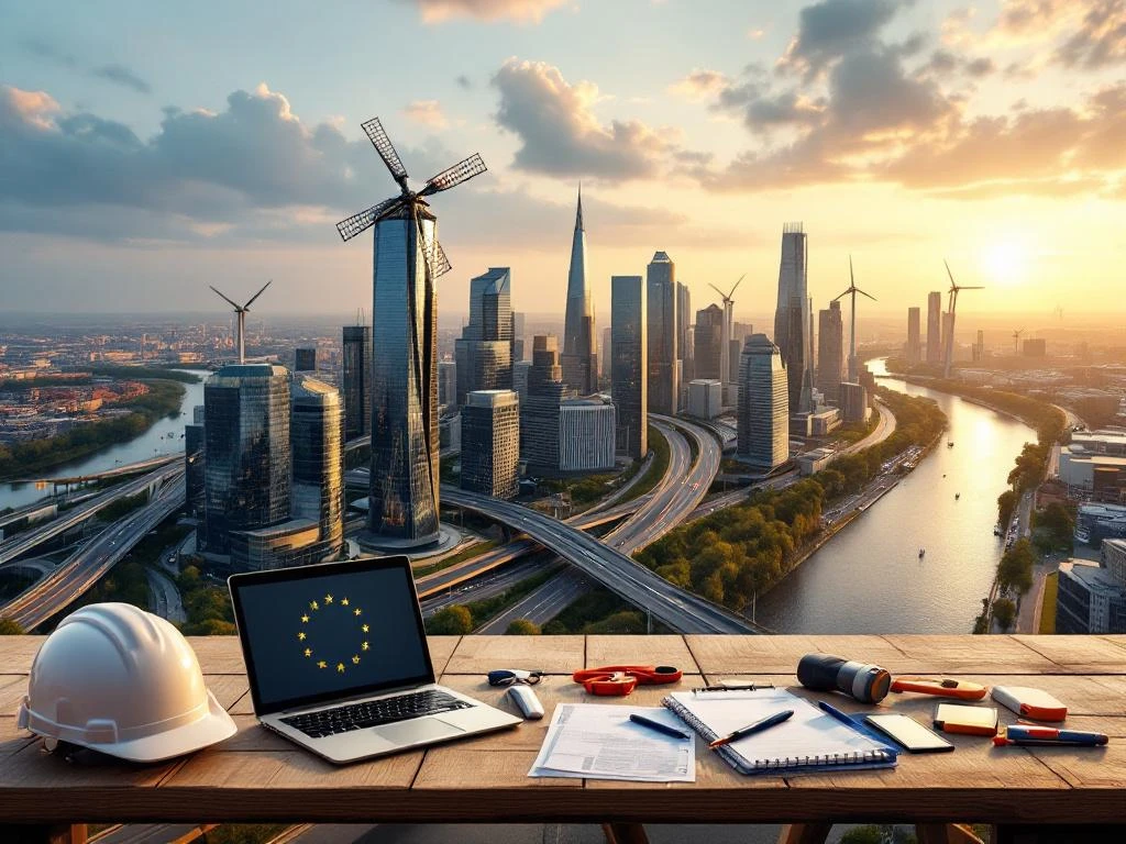 Peisaj urban olandez modern cu mori de vânt, clădiri de birouri și infrastructură de transport convergând spre centrul de afaceri