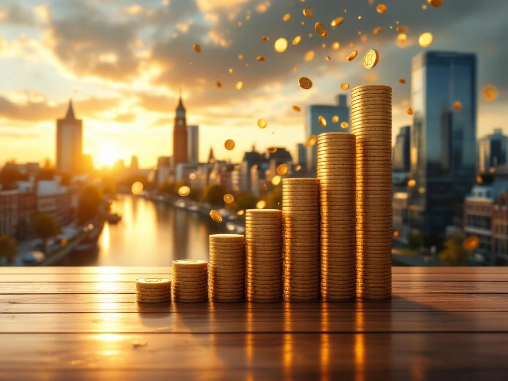 Peisaj urban olandez cu case tradiționale și clădiri moderne, monede euro căzând din cer, grafic ascendent pe birou