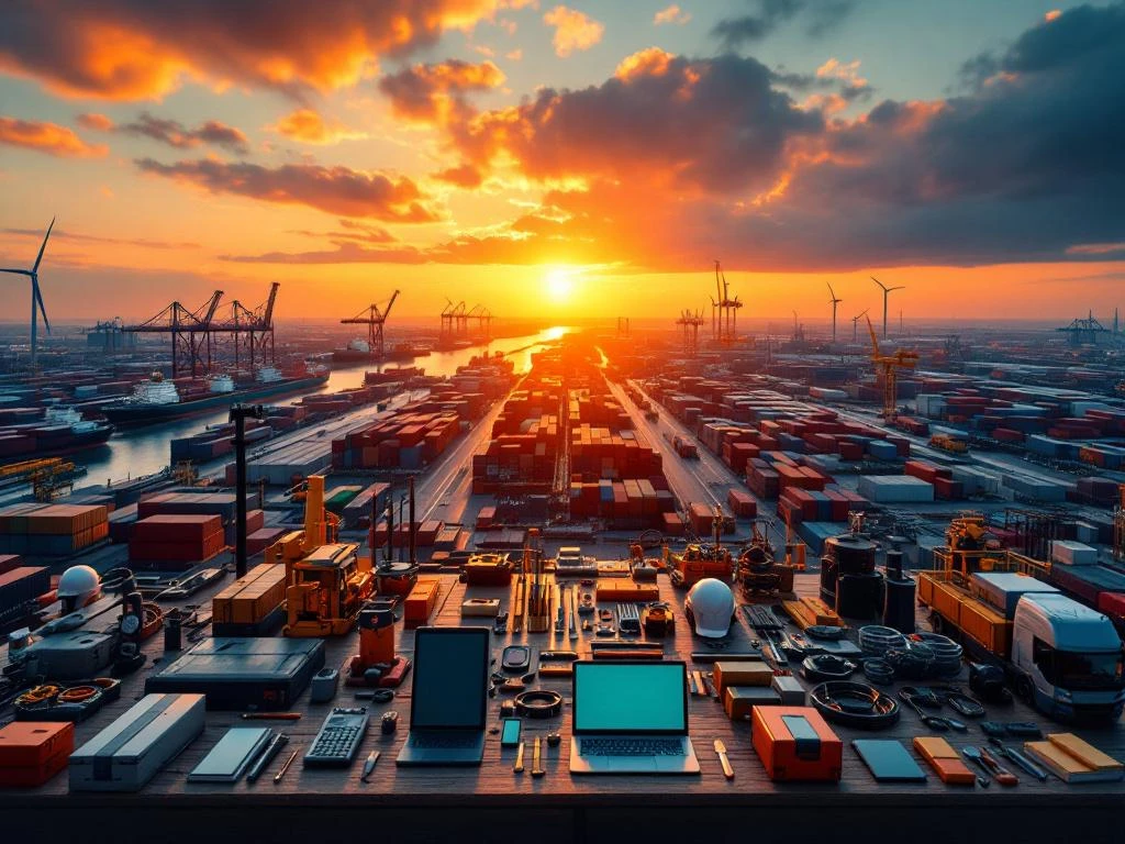 Instrumente profesionale diverse în prim-plan cu port industrial olandez modern, turbine eoliene și sere la răsărit în fundal