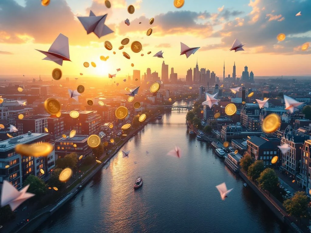 Monede euro cad ca ploaia peste canalele olandeze, cu documente fiscale transformate în avioane de hârtie și simboluri procentuale