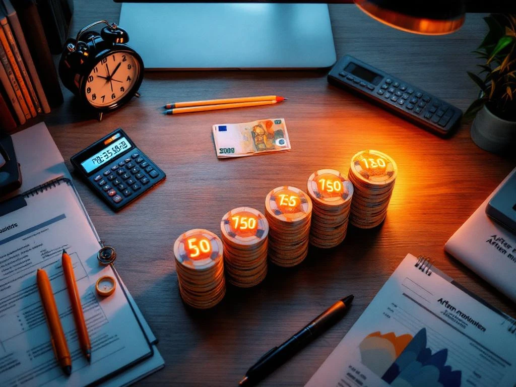 Calculator cu calcule ore suplimentare pe birou olandez modern, bancnote euro în stive crescătoare și documente oficiale