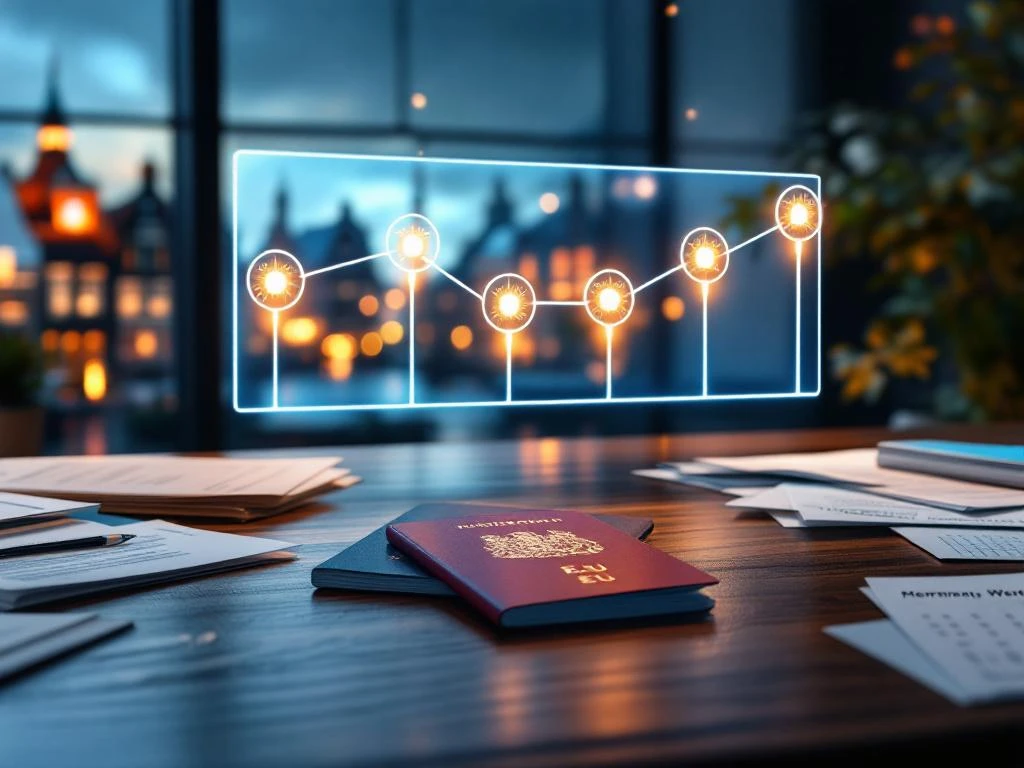 Pașaport olandez pe birou cu cronologie luminoasă a celor 5 ani pentru cetățenie, clădiri olandeze în fundal