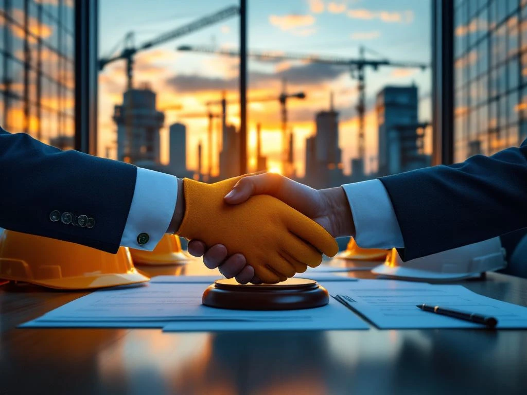 Muncitori și angajatori strâng mâna la masă cu căști de protecție, documente și ciocan, clădire olandeză în fundal