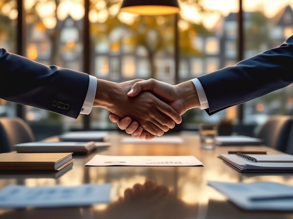 Două mâini profesionale se întind peste masa de conferință, una ținând o ramură de măslin, în birou modern olandez