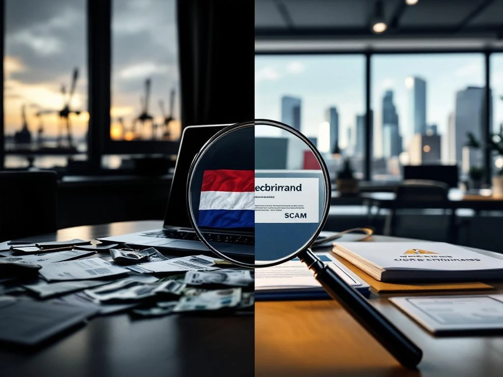 Birou olandez împărțit: stânga cu documente false și bani, dreapta cu permise oficiale și steagul Olandei