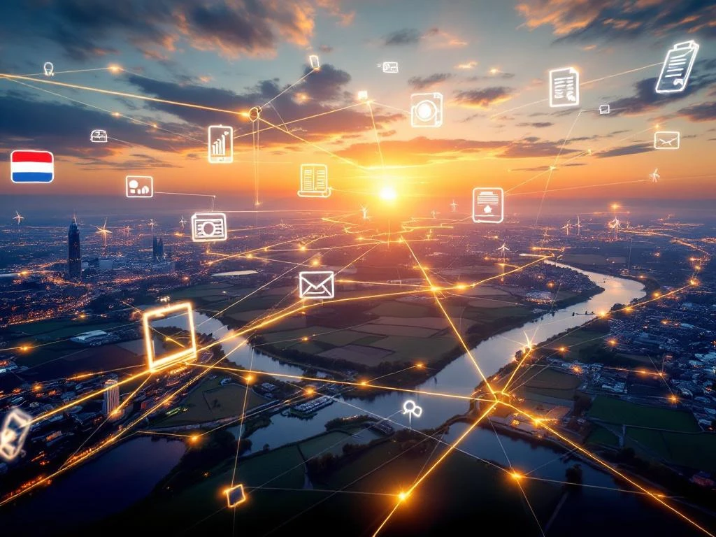 Vedere aeriană a Olandei cu linii luminoase conectând orașe europene, clădiri moderne și documente holografice de recrutare