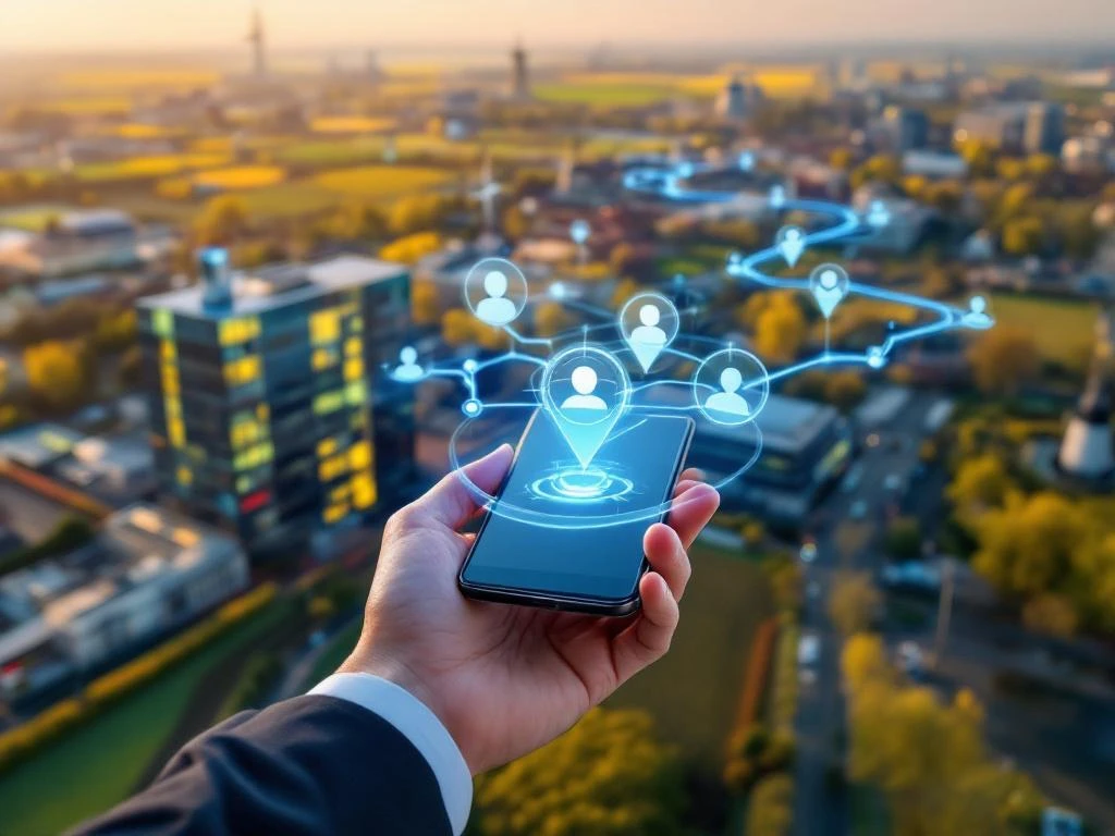 Mână ține telefon cu icoane holografice deasupra clădirilor corporative olandeze conectate digital, steaguri România-Olanda vizibile