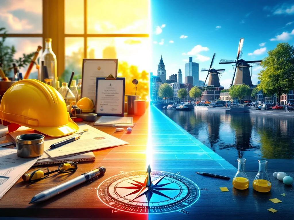 Diplome românești și peisaj olandez conectate prin lumină, cu unelte profesionale și busolă îndreptată spre Țările de Jos