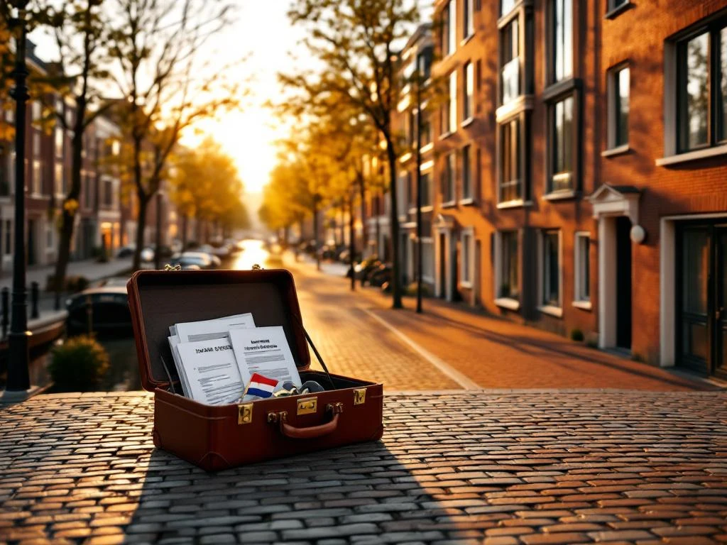 Servietă deschisă cu chei și contracte lângă clădiri rezidențiale olandeze din cărămidă roșie de-a lungul unui canal