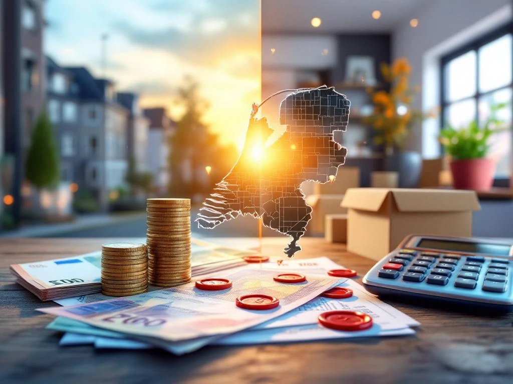 Documente oficiale și calculator lângă bancnote euro care se transformă în clădiri rezidențiale olandeze și interior de apartament