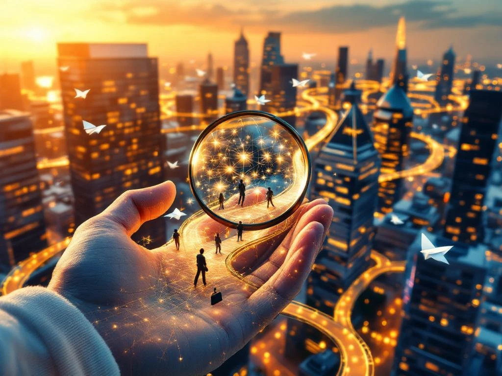 Clădiri corporative olandeze conectate prin căi aurii, mână cu lupă dezvăluind oportunități de muncă în peisajul urban