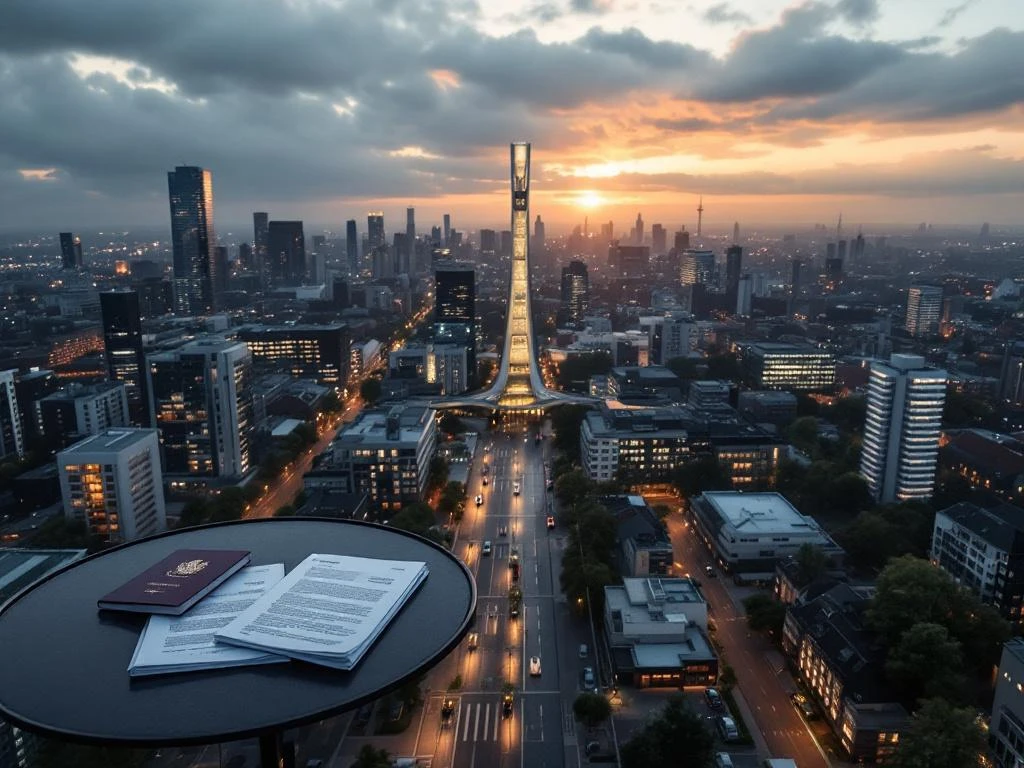 Pod modern conectând maluri urbane cu documente oficiale și pașaport românesc în prim-plan, clădiri olandeze în fundal