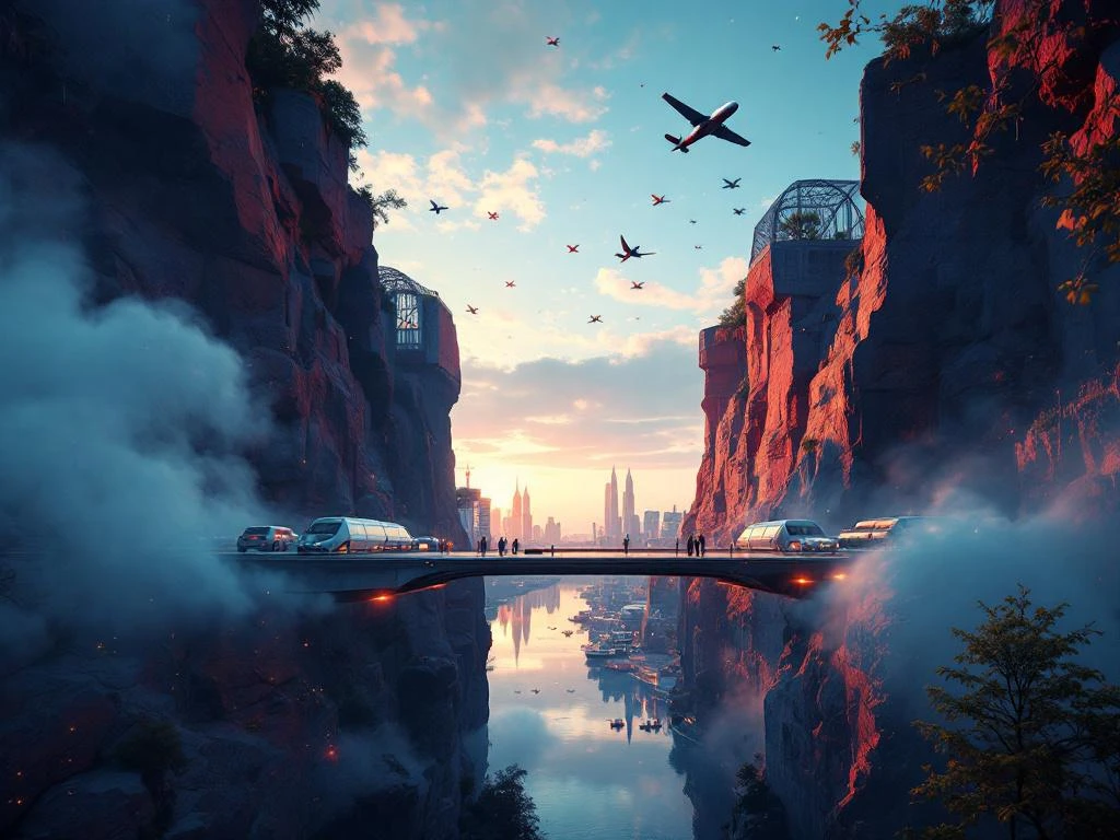 Pod modern conectând Casa Poporului București cu mori de vânt olandeze, avioane de hârtie deasupra, apus portocaliu-albastru