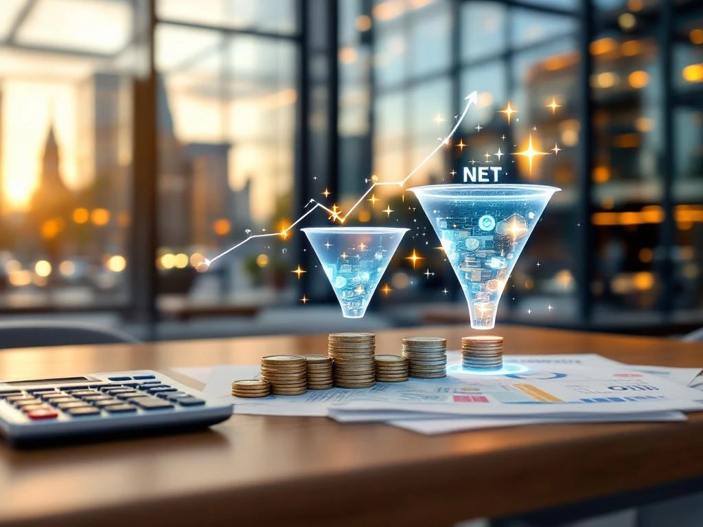 Calculator și documente fiscale olandeze pe birou, cu monede euro și vizualizare flux salariu brut spre net