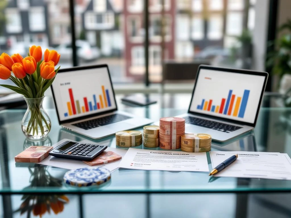 Masă de conferință cu bancnote euro, laptop cu grafice salariale, contract și elemente olandeze tradiționale în Amsterdam