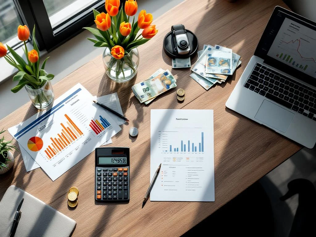 Birou olandez modern cu calculator, formulare fiscale, documente financiare, euro și lalele portocalii în vază