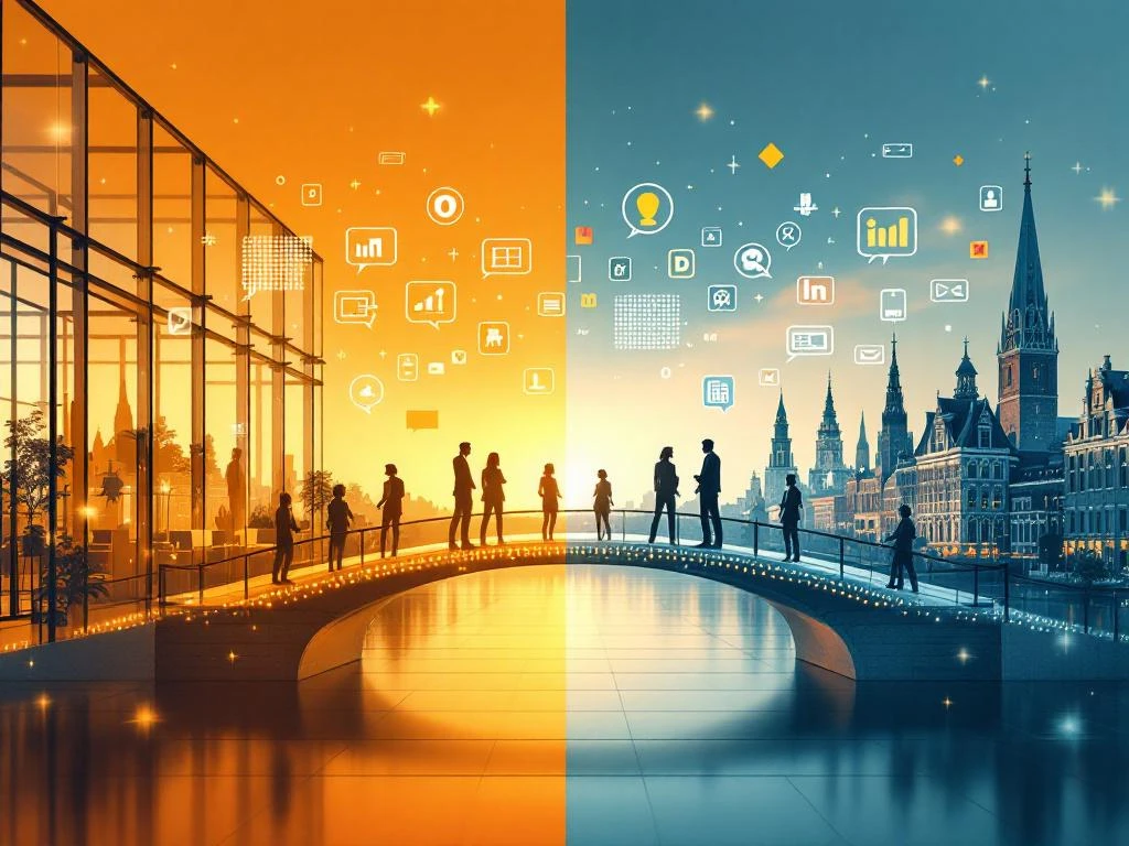 Profesioniști conectați printr-un pod de litere între birouri olandeze și elemente culturale românești, portocaliu și albastru