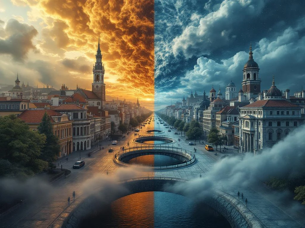 Punte modernă conectând arhitectură est-europeană tradițională cu clădiri olandeze, profesioniști traversând între culturi