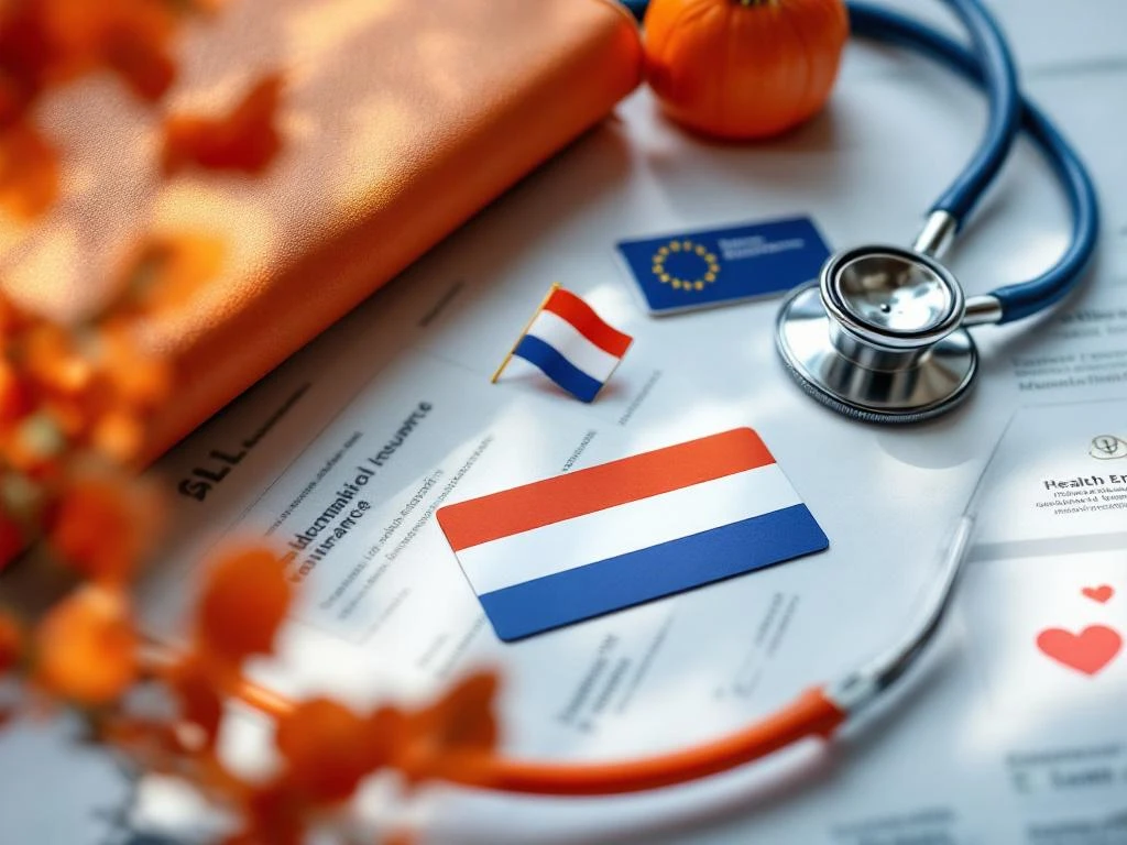 Card de asigurare medicală olandeză cu stetoscop pe documente oficiale, accentuate cu portocaliu și steag olandez