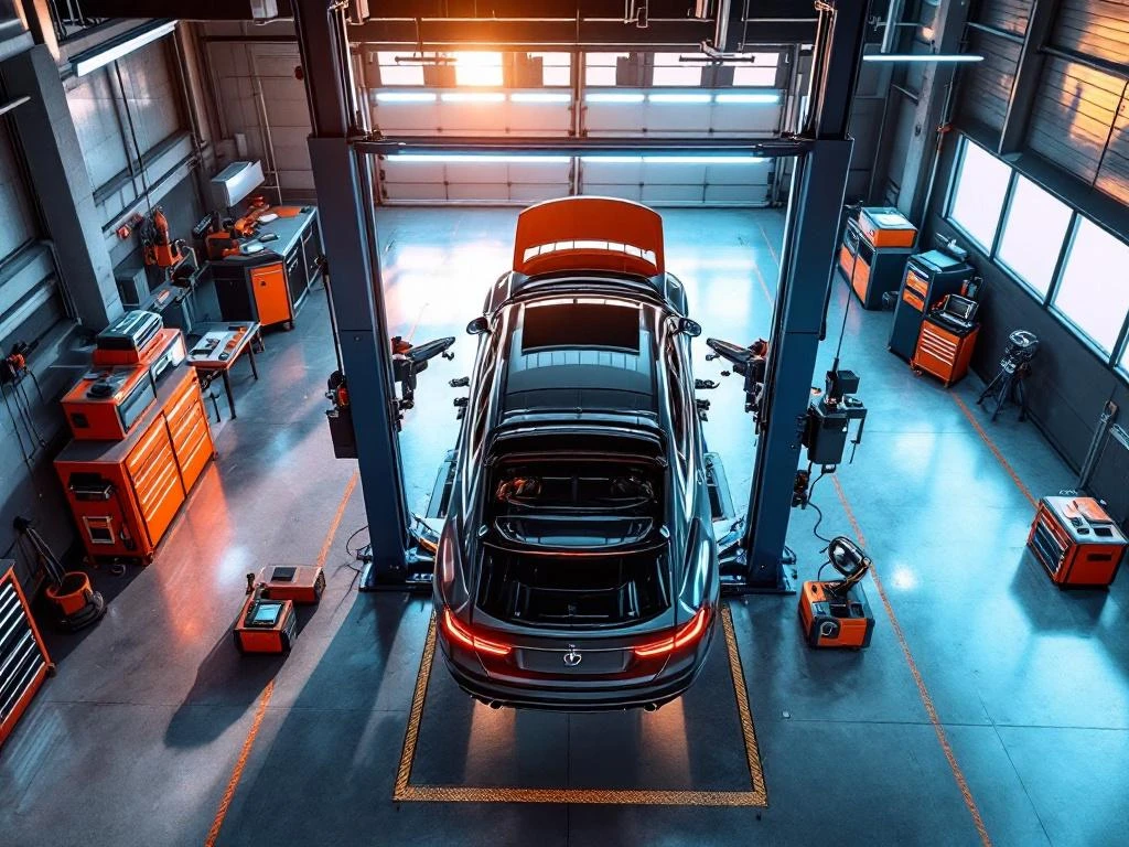 Atelier modern de reparații auto din Olanda cu mașină pe elevator, scule profesionale și iluminare LED strălucitoare.