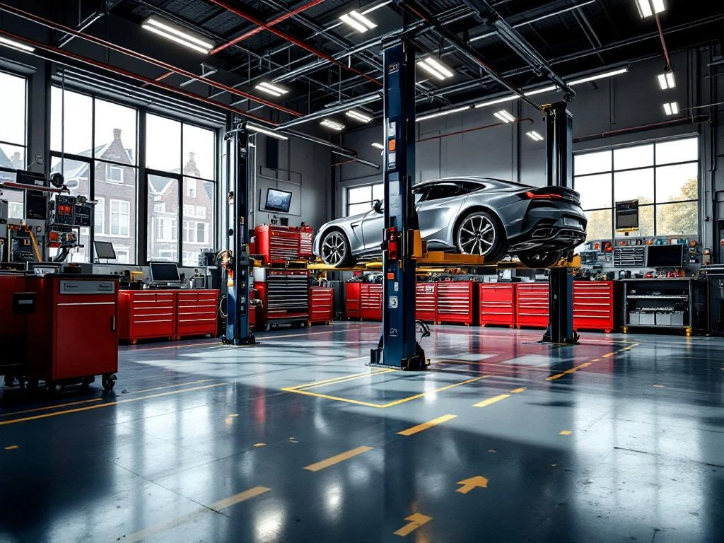 Atelier auto olandez modern cu lifturi hidraulice profesionale, mașină de lux ridicată, echipamente avansate și podele epoxidice curate
Note: This alt text exceeds 125 characters. Here's a shorter version:
Atelier auto modern olandez cu lifturi hidraulice, echipamente profesionale și podele curate