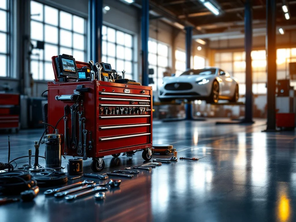 Atelier auto modern cu scule profesionale pe dulap roșu, mașină de lux pe elevator hidraulic și pardoseală epoxidică