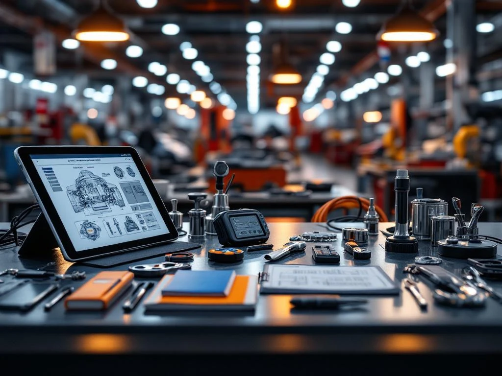 Atelier modern de formare profesională din Țările de Jos cu echipamente auto de diagnostic și unelte de precizie pe bancul de lucru